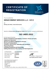 Environment Management Certification for Minar Energy Services which is the best rental Equipment company in UAE.